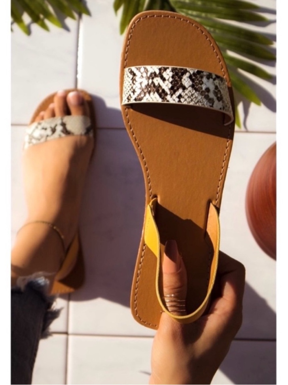 Square toe yellow snakeskin slingback slip on sandals strappy